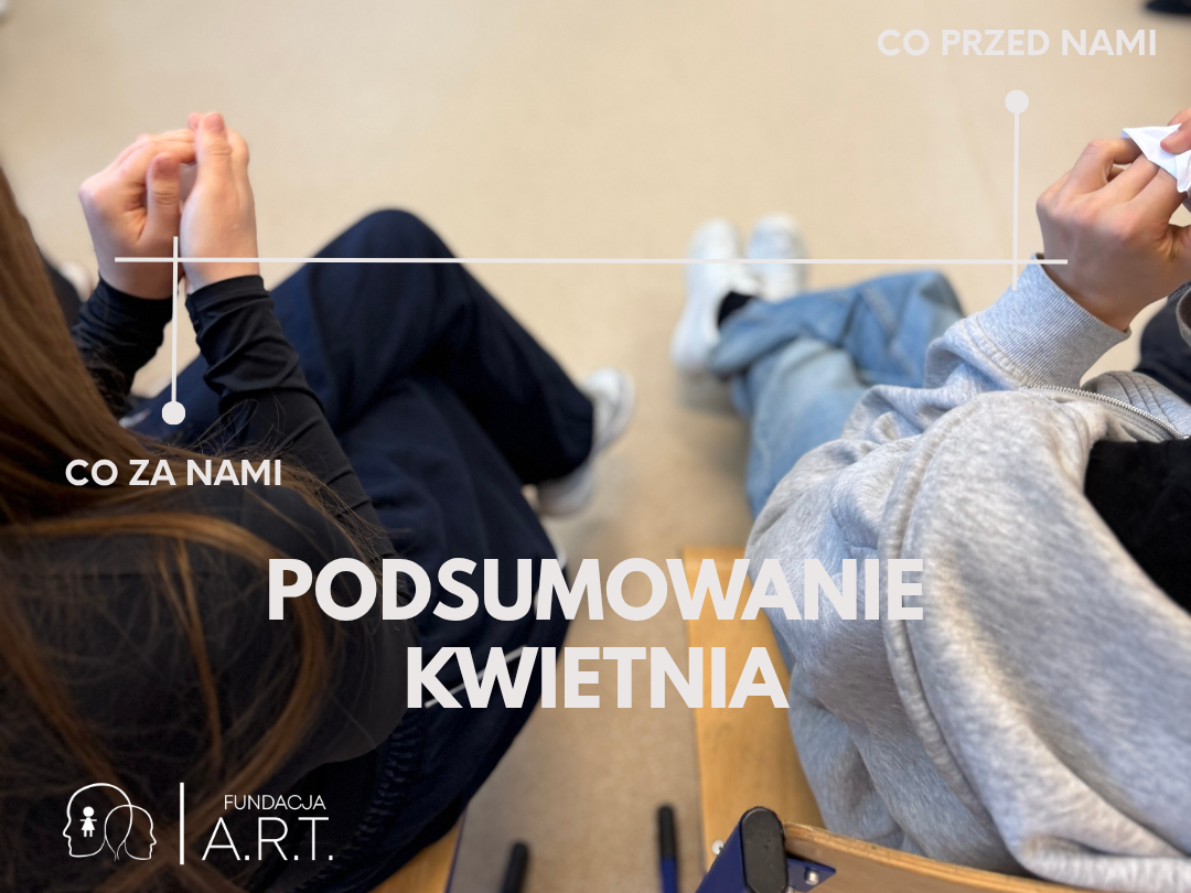 Obrazek przedstawia pomieszczenie lekcyjne, w którym siedzą uczniowie. W pierwszym tle widać oś, na której początku jest napis "Co za nami", a na końcu "Co przed nami" oraz duży, wytłuszczony napis PODSUMOWANIE KWIETNIA. Wszystkie napisy oraz oś i jej znaczniki są koloru białego. U dołu widać logo Fundacji A.R.T.