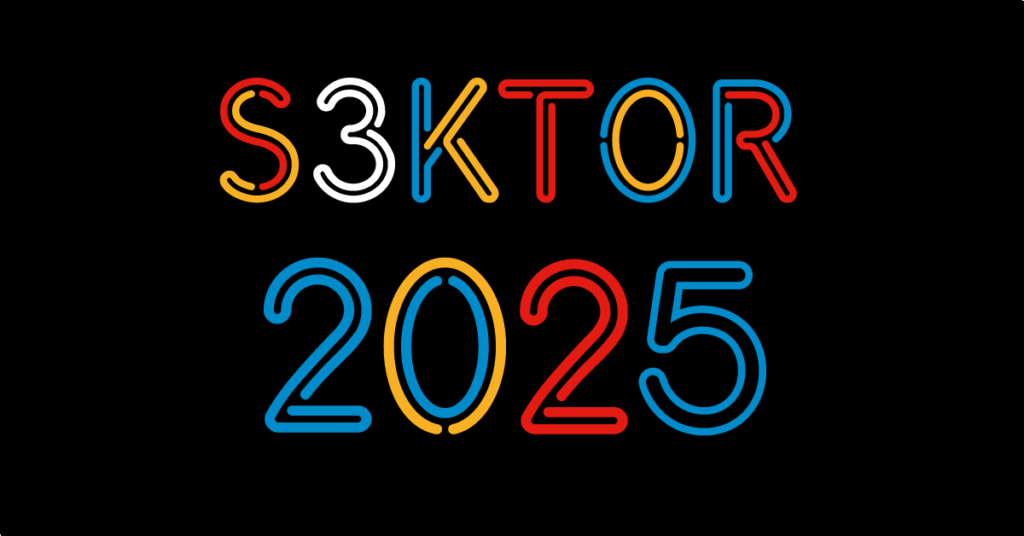 Obrazek przedstawia napis "S3KTOR 2025" na czarnym tle, z których napis jest w górnej części, a liczby w dolnej. Kolory napisu i liczb to czerwono-żółty dla S, biały dla 3, niebiesko-żółty dla K, czerwony dla T, niebiesko-żółty dla O i niebiesko-czerwony dla R. Kolory liczb to niebieski dla pierwszej 2, żółto-niebieski dla 0, czerwony dla drugiej 2, niebieski dla 5. 