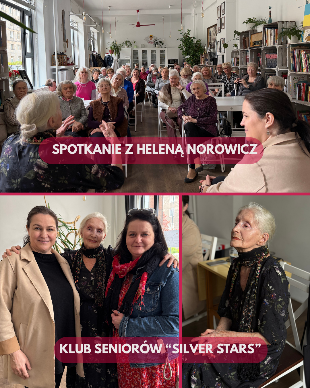 Obrazek jest podzielony na 3 zdjęcia: pierwsze u góry przedstawiające seniorki, które słuchają słów p. Heleny Norowicz, która opowiada coś gestykulując, a siedzi obok niej wiceprezes fundacji A.R.T., drugie zdjęcie - u dołu po lewo - przedstawia panią Helenę Norowicz pozującą do zdjęcia pomiędzy wiceprezes i prezes Fundacji A.R.T., trzecie - u dołu po prawo - przedstawia panią Helenę Norowicz, siedzącą w dumnej pozie z elegancją w czarnej sukience z falbankami.